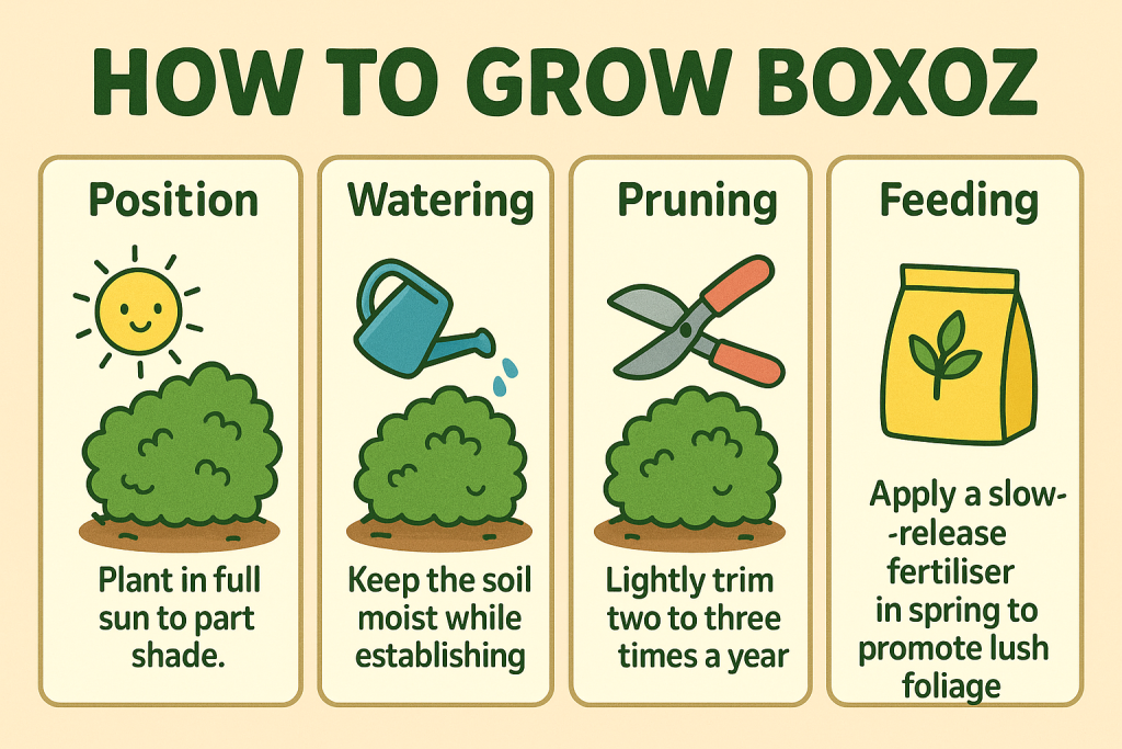 An instructional guide on growing boxwood shrubs and BoxOz Lonicera Nitida, showing tips on positioning, watering, pruning, and feeding with simple illustrations.
