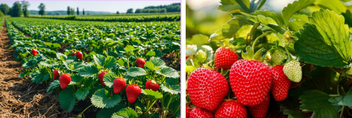 Rows of strawberry plants growing in a field, with a close-up view of ripe red strawberries nestled among green leaves. The vibrant strawberries stand out amid the lush foliage, ready for picking.