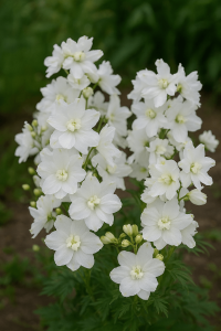 Tall clusters of sky blue Delphinium 'Hunky Dory' flowers with green foliage stand out in a 15cm pot, highlighting this classic variety’s beauty against a blurred outdoor background.
