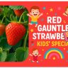 Close-up of ripe Red Gauntlet Strawberry plants, with a colourful advert reading "Red Gauntlet Strawberries Kids' Special! Sale Ended," surrounded by cartoon children, flowers, and a rainbow.