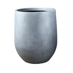 A plain, round, grey concrete planter pot with a smooth surface and an open top, set against a white background.