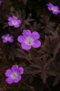Geranium 'Savannah Tex Mex Merlot Sizzle' PBR blooms with five-petalled purple flowers among dark green leaves in a 15cm pot, with soil visible at the bottom left.