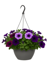 A Petunia 'Ultra Marine' 10" Hanging Basket, featuring vibrant flowers and lush green leaves, suspended by a black hook against a white background.
