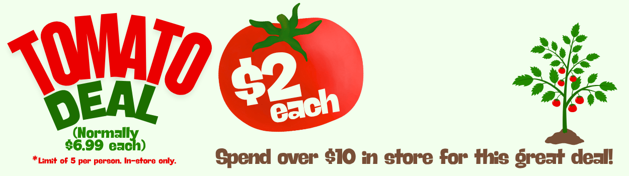 Flash Sale! Promotional banner showing a tomato offer for £2 each (normally £6.99), with a purchase over £10, limit 5 per person, and an illustration of a tomato plant.