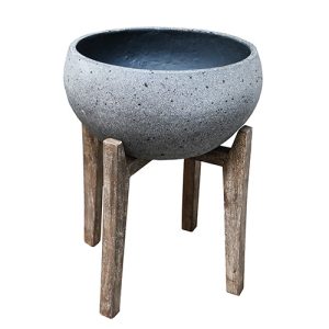The UrbanStyle Bowl with Legs Cement S 40x42cm (Copy), a round grey planter on three wooden legs, is pictured against a white background.
