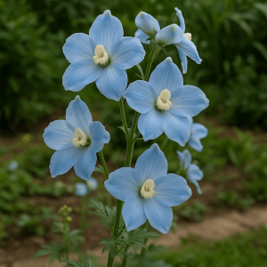 Delphinium 'Hunky Dory' Sky Blue blooms in pale-centred, sky blue clusters on a green stem, presented in a 15cm pot, set against a softly blurred garden background.