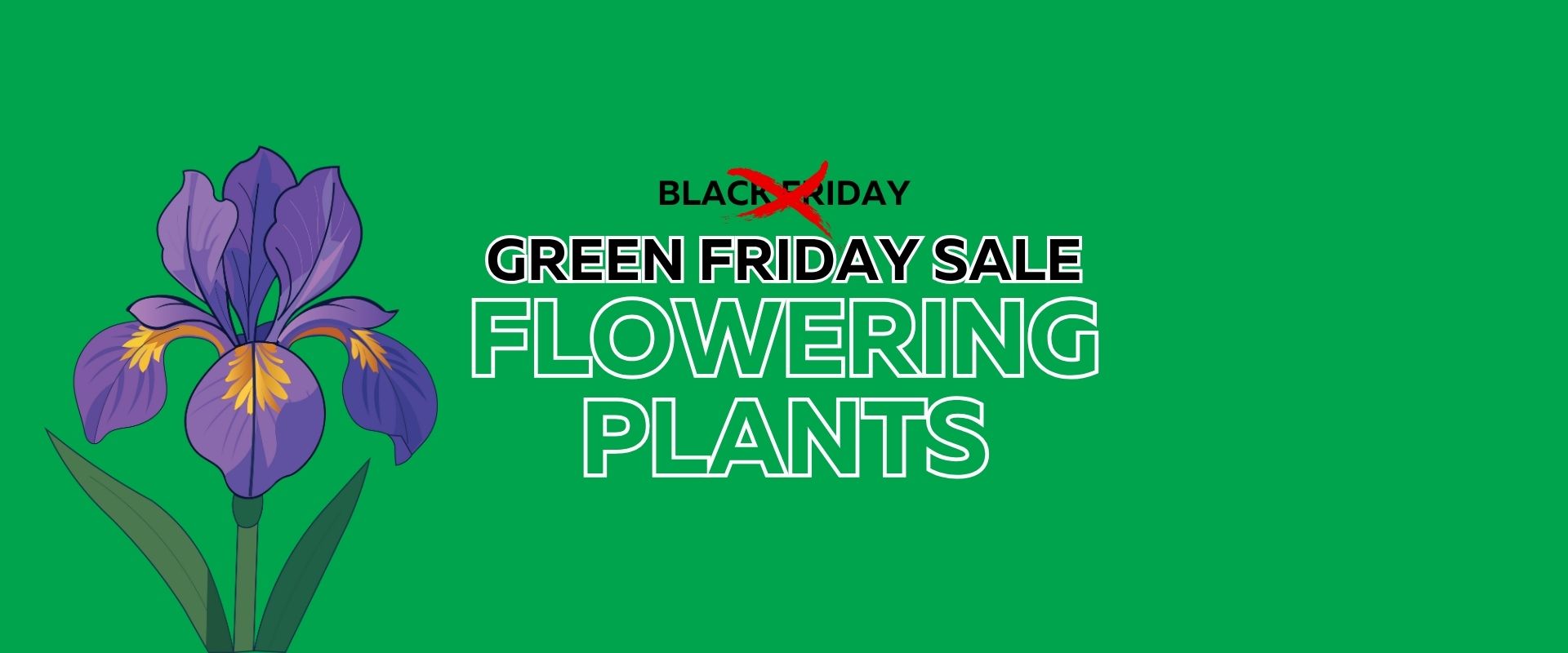 A purple flower on the left and text reading "Green Friday Flash Sale Flowering Plants" on a green background, with "Black" crossed out above "Friday.