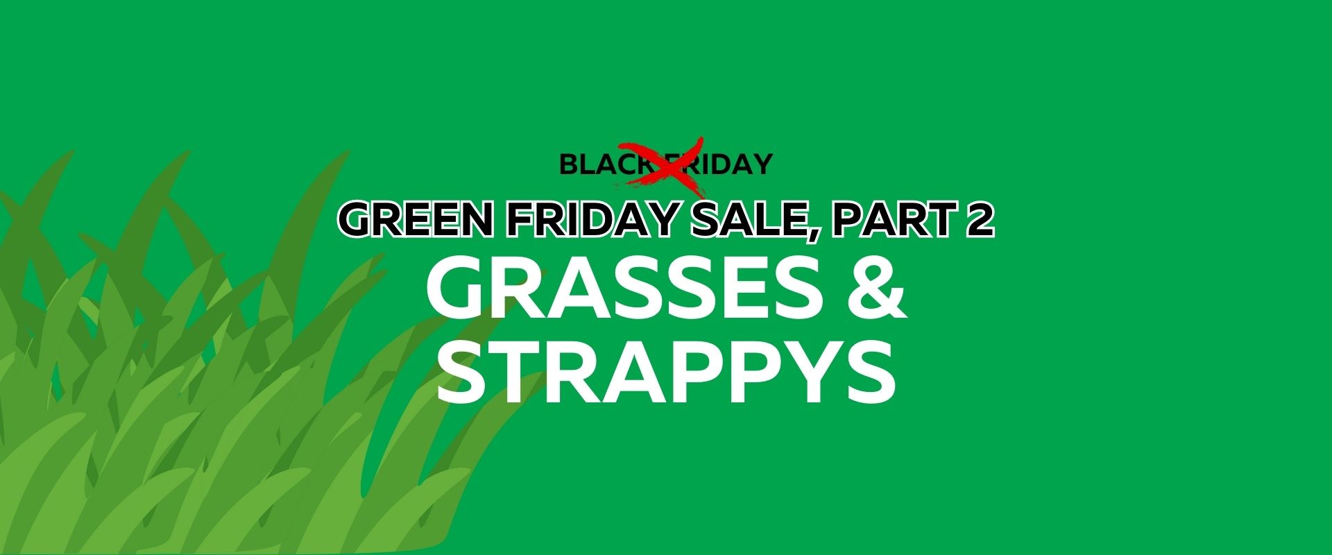 Green Friday Sale: Green background with illustrated grass blades, text reads: "Green Friday Sale, Part 2: Grasses & Strappys" with "Black Friday" crossed out for a fresh, eco-friendly twist.