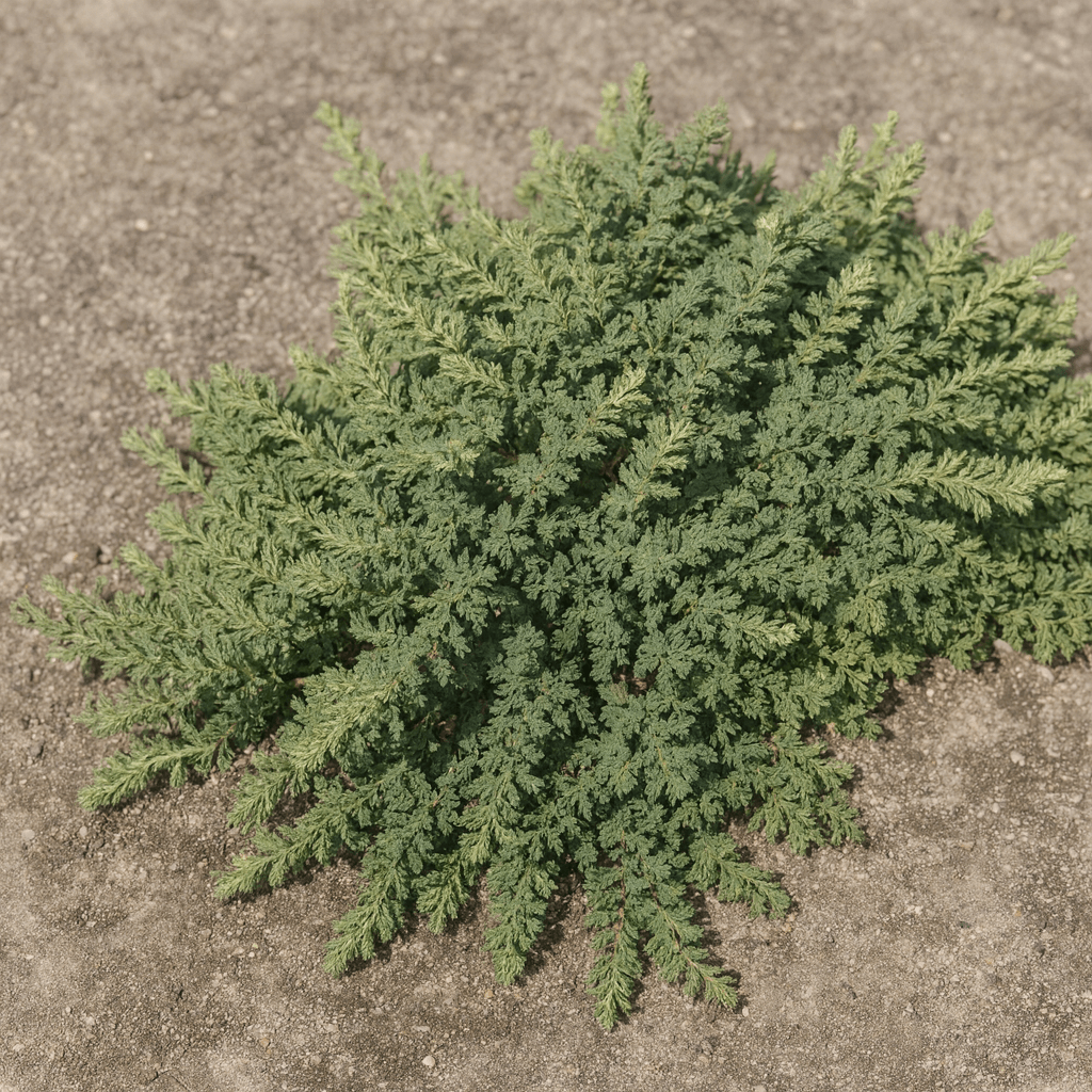 The Darwinia citriodora 'Prostrate' in a 15cm pot is a green, bushy plant with small, fine leaves that grows outward in a low, circular pattern across bare ground.