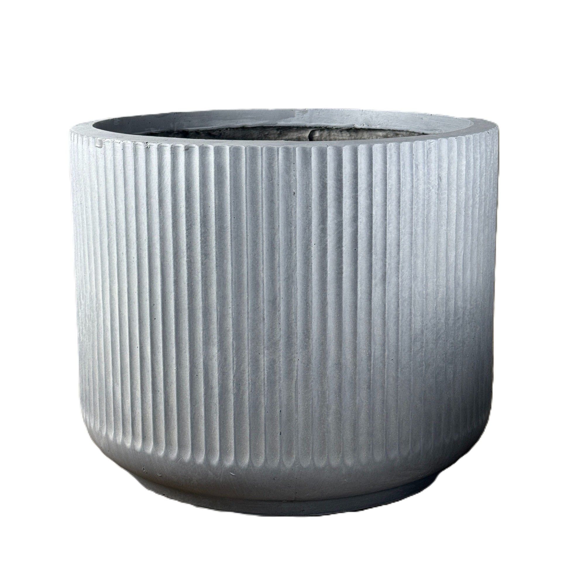 A round, light grey planter with vertical ridges and a slightly tapered base, set against a white background.