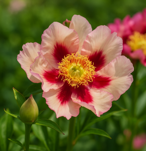 A close-up of Paeonia 'Berry Garcia' Peony Rose in a 10" pot, featuring pale pink petals with dark red centres, green foliage, and a flower bud.