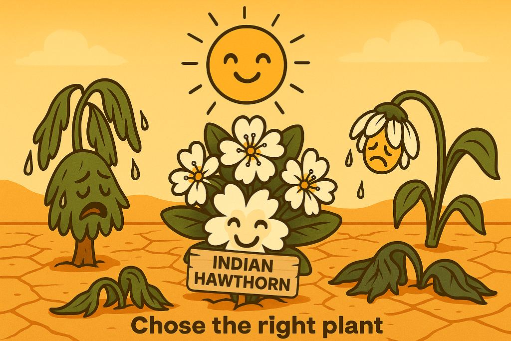 An illustration of healthy Indian Hawthorn flowers, known as hardy summer plants, under a smiling sun, surrounded by wilted, sad plants on dry, cracked soil. Text: "Chose the right plant.