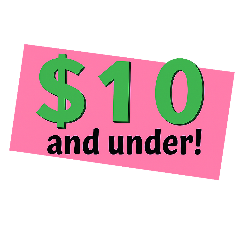 A pink sign with large green text reads "£10 and under!" in bold letters, announcing a bargain extravaganza.