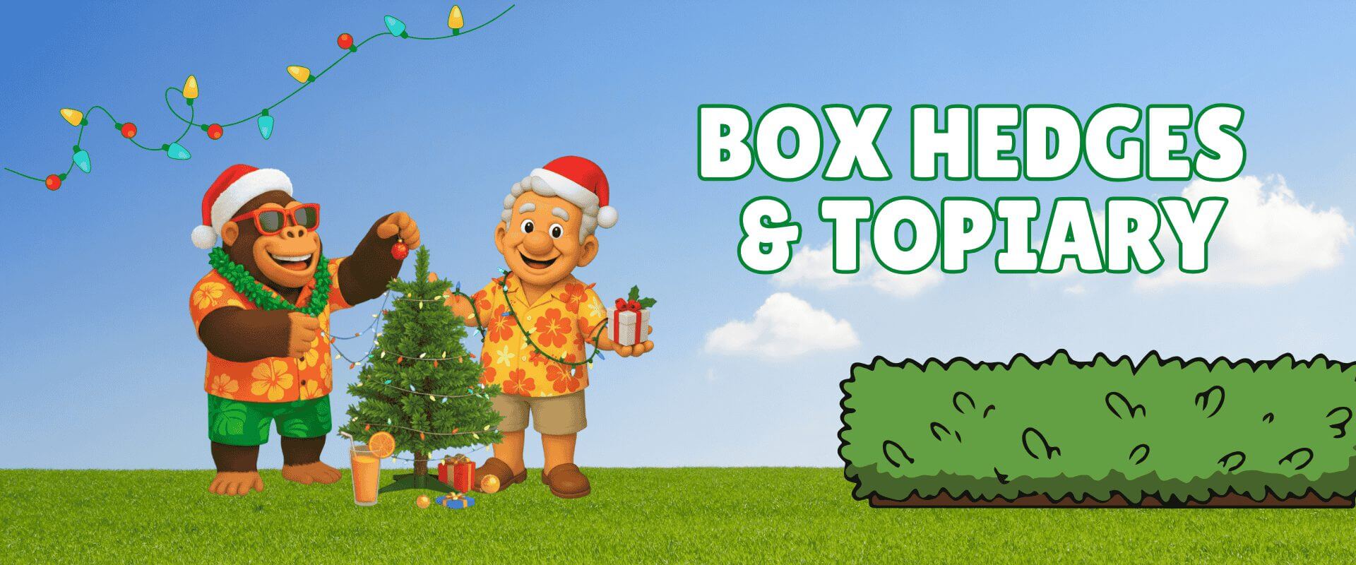Cartoon characters in holiday attire decorate a small Christmas tree by a box hedge under a clear blue sky. Text reads "Box Hedges & Topiary – Festive Garden Ready Flash Sale.