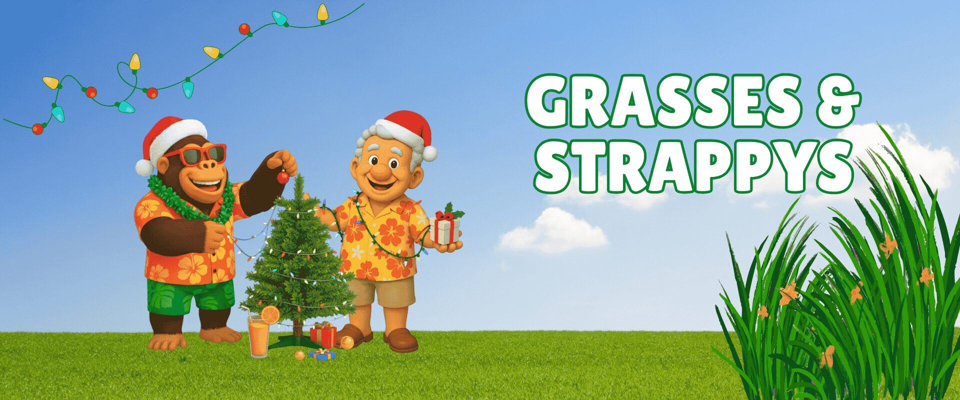 A cartoon gorilla and man in Hawaiian shirts and Santa hats decorate a small Christmas tree outside, with "Grasses & Strappys" text, tall grass on the right, and a Festive Garden Ready Flash Sale vibe in the air.