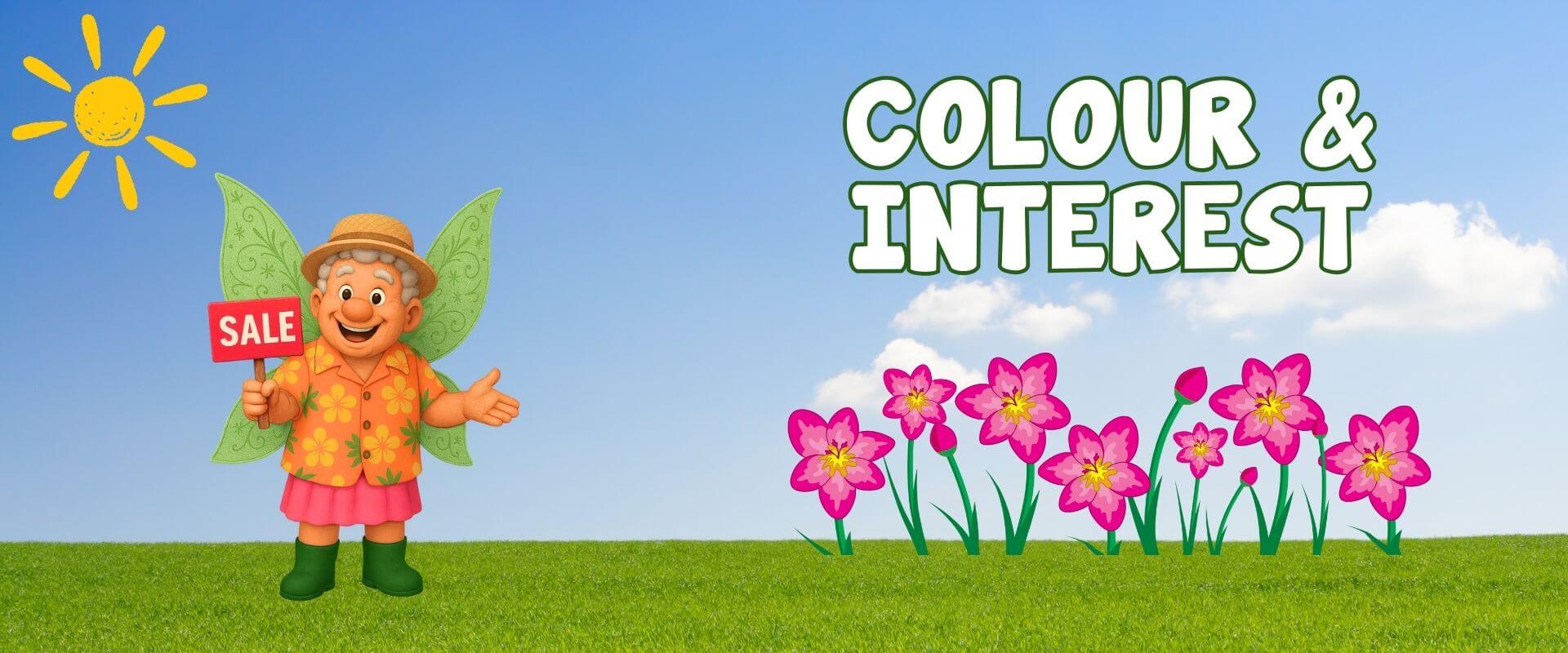 A cartoon fairy holding a "SALE" sign stands on grass with pink flowers under a blue sky and sun, highlighting the Festive Flash Plant Sale with bold "COLOUR & INTEREST" text in white and green letters.