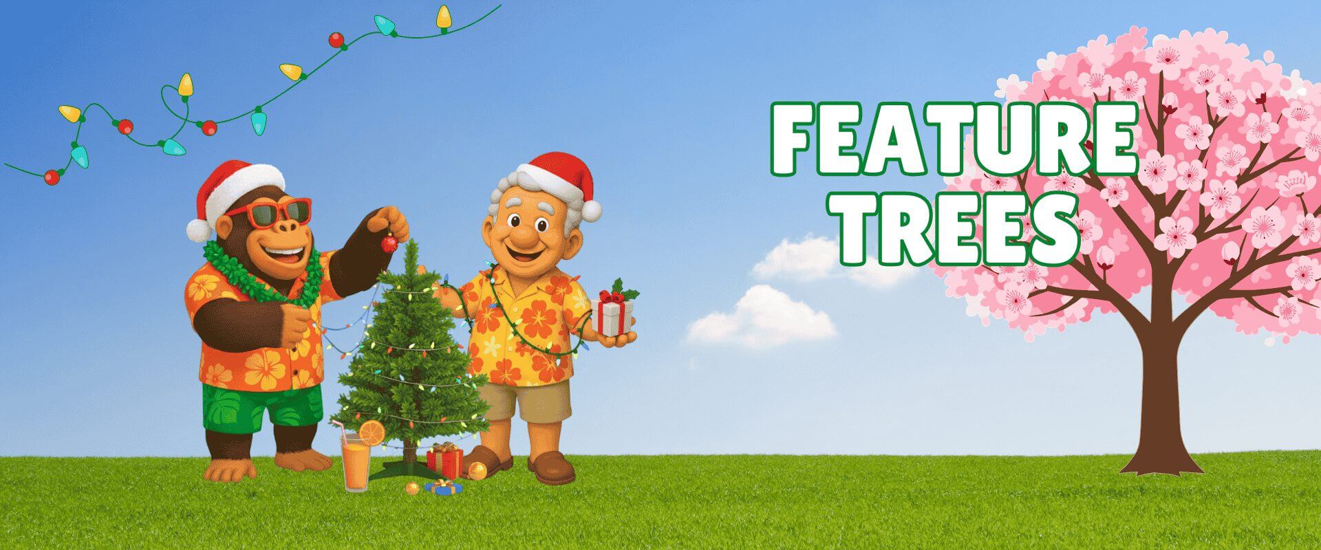 A cartoon monkey and boy in holiday outfits decorate a small Christmas tree on grass, with "Feature Trees" text and a flowering tree in the background—perfect for our Festive Garden Ready Flash Sale!.