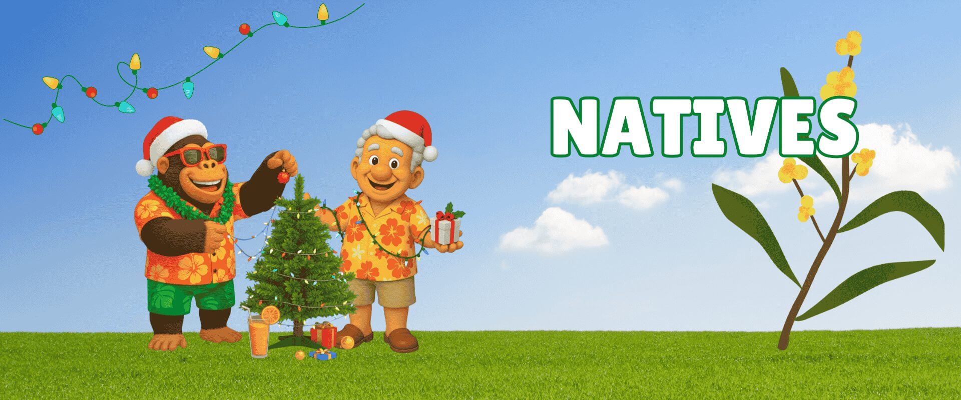 A cartoon gorilla and man in Santa hats decorate a Christmas tree outdoors; a cartoon wattle plant and "NATIVES" appear on the right, celebrating a Festive Garden Ready Flash Sale.