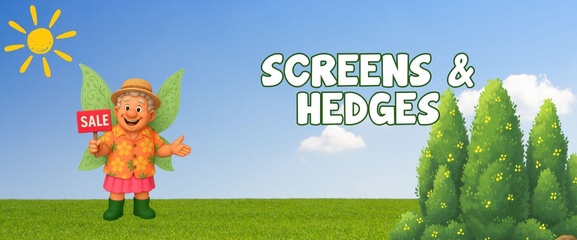 Cartoon fairy with a "Festive Flash Plant Sale" sign stands next to text "Screens & Hedges" on a grassy field with bushes and a blue sky.