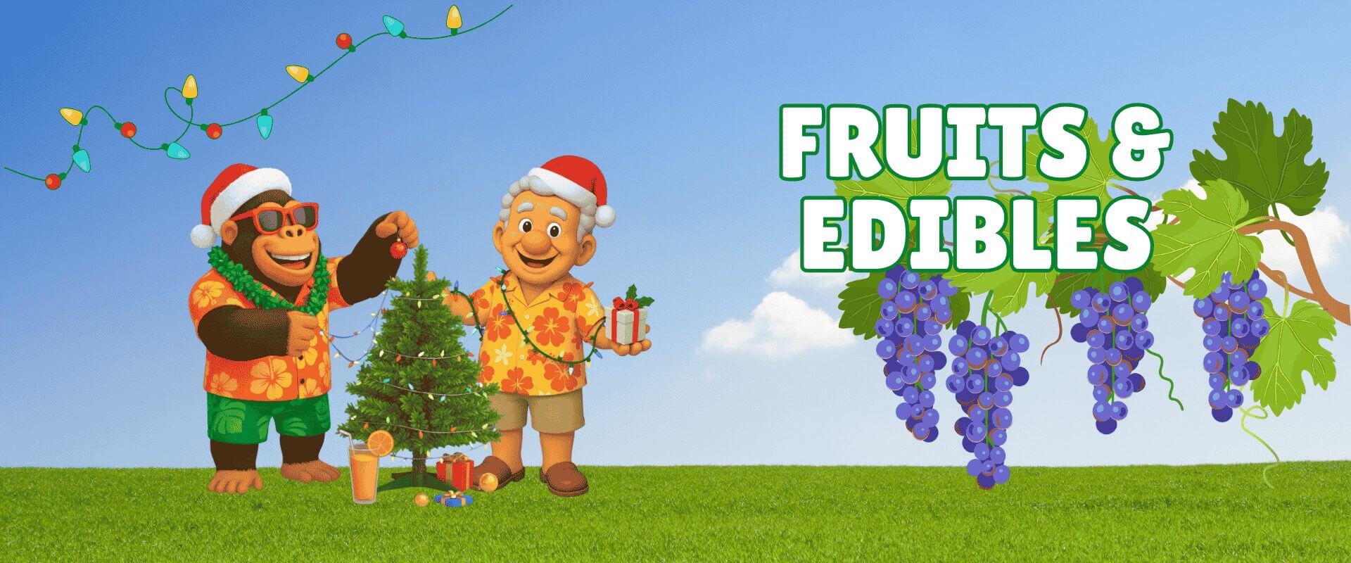 A cartoon monkey and man in Santa hats decorate a small Christmas tree beside gift boxes, with grapes overhead and "FRUITS & EDIBLES" text on a grassy field—perfect for a Festive Garden Ready Flash Sale!.