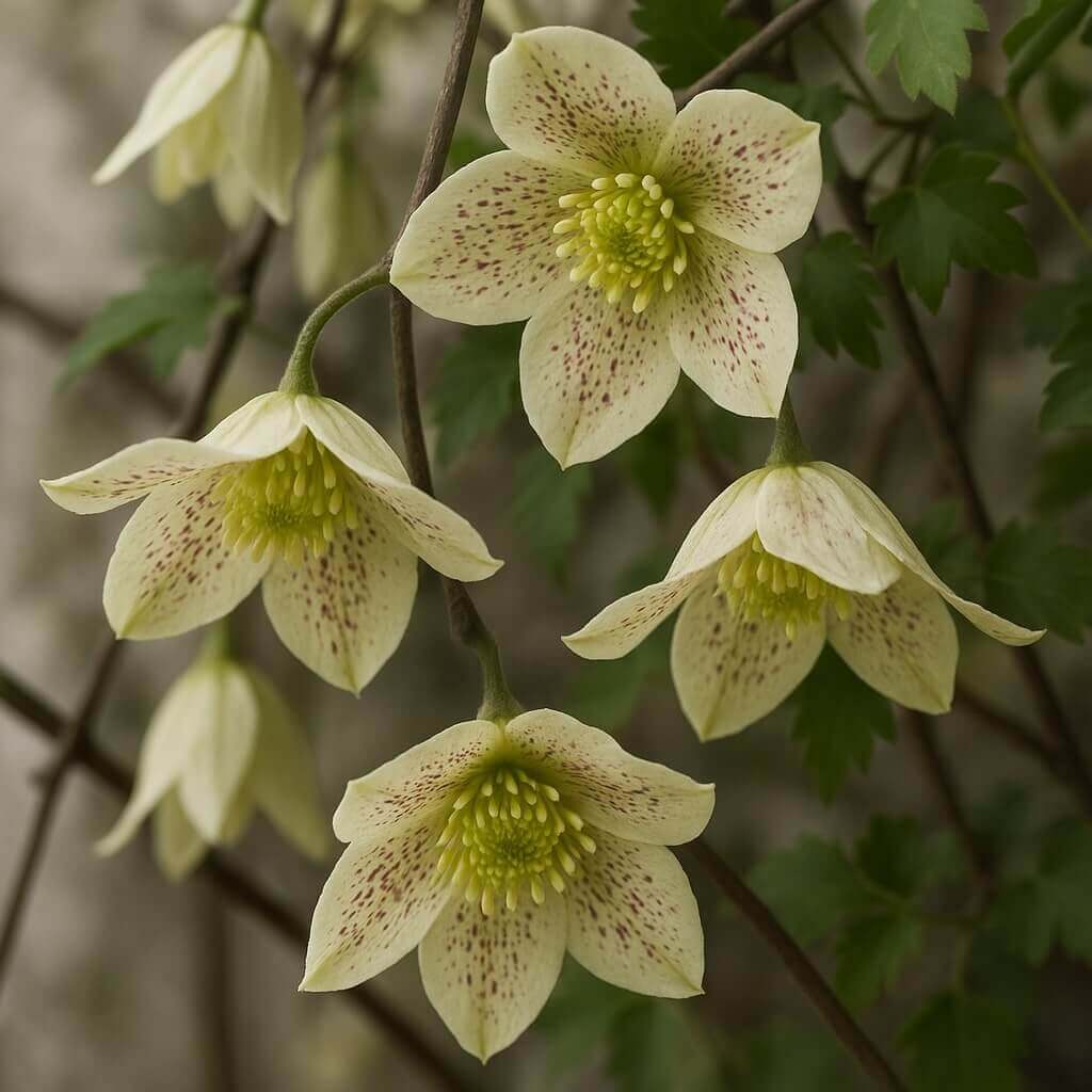 Cluster of pale yellow, star-shaped flowers with speckled petals and green centres, growing on thin stems with green, divided leaves.