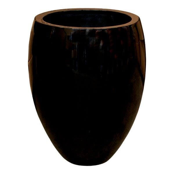 A glossy Coco Urn Black S 48x62cm ceramic vase featuring a rounded, tapered shape and a wide opening at the top.