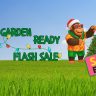 Two cartoon characters in Hawaiian shirts and Santa hats decorate a small Christmas tree on grass. Text reads “Festive Flash Plant Sale.” A large tag says “Sale Ended.”.