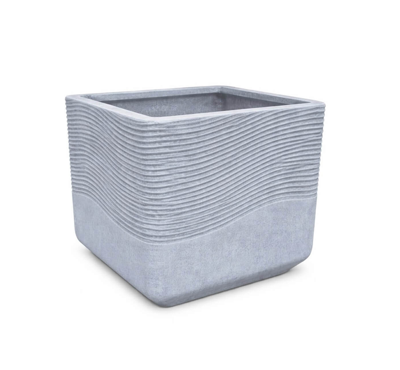 A grey, square planter with textured, wavy horizontal lines on the upper half and a smooth surface on the lower half.