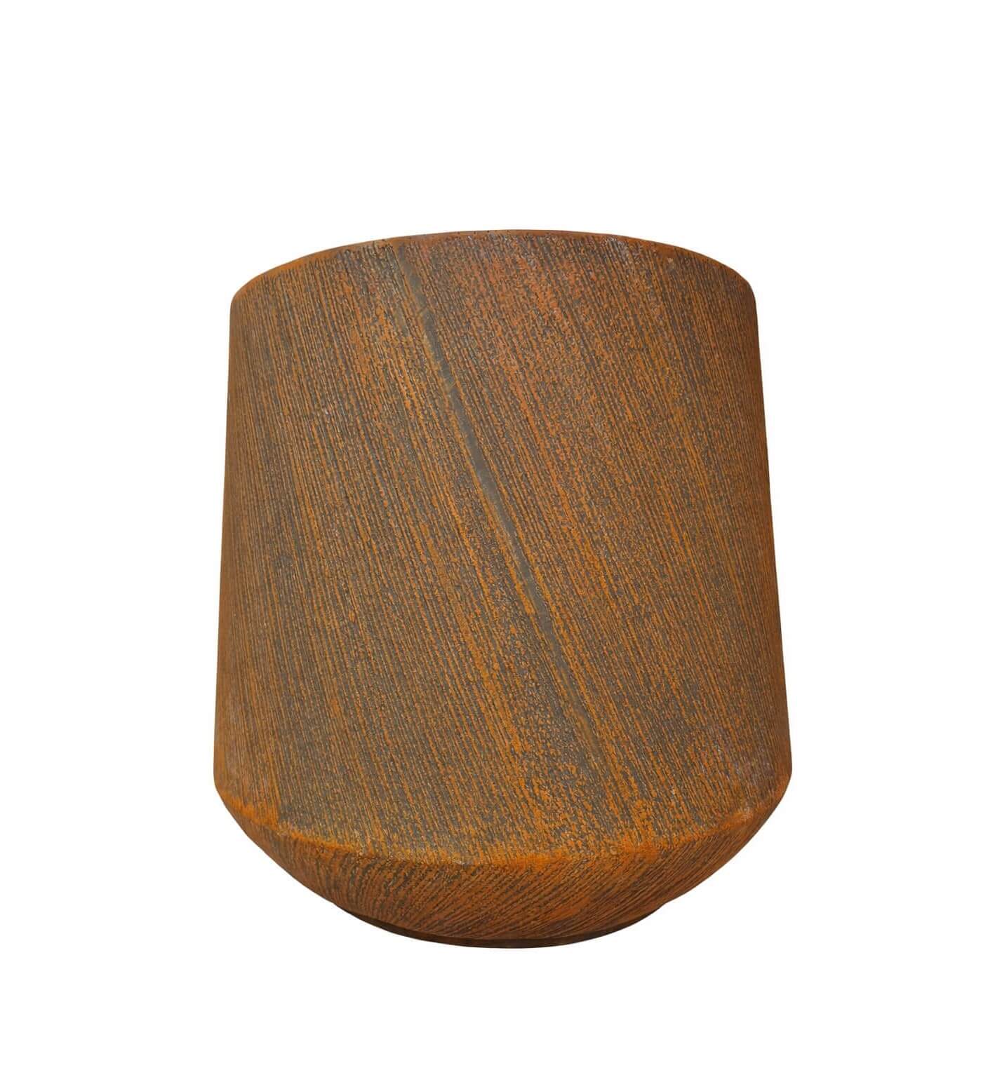 A round, rust-coloured planter with a textured diagonal striped pattern and a slightly tapered base—the GardenLite Torino Tapered Planter Rust (Large)—displayed against a white background.