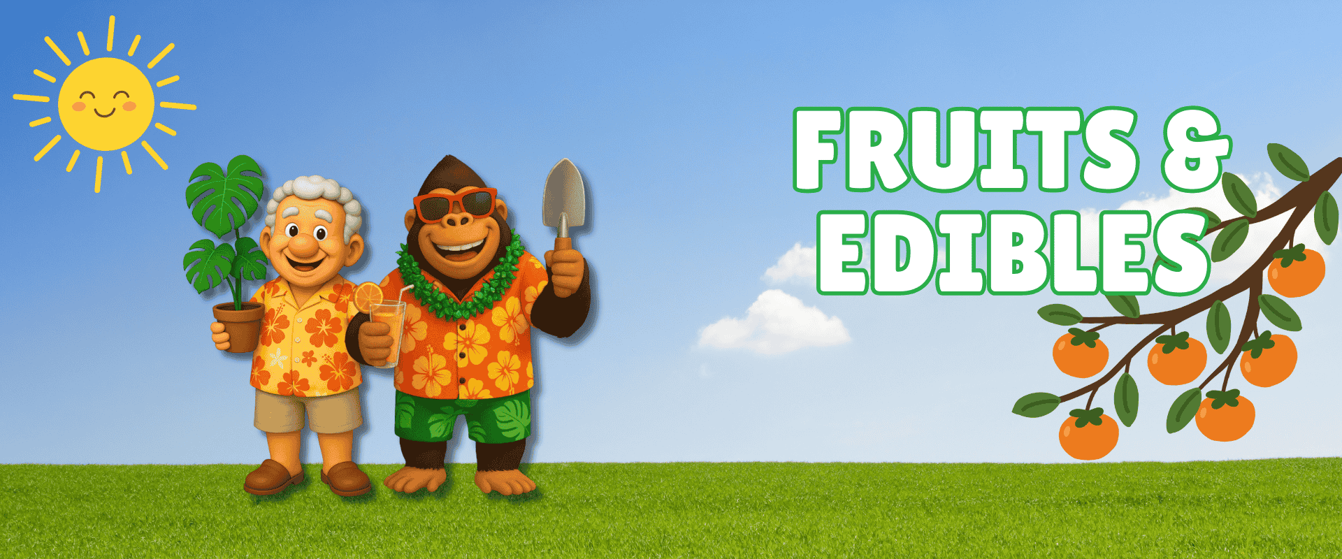 Two cartoon characters, one human and one gorilla, stand on grass with plants and tools under the sun. "Fruit & Edibles" text and a fruiting branch appear on a blue sky—perfect for your next holiday garden or garden project sale.