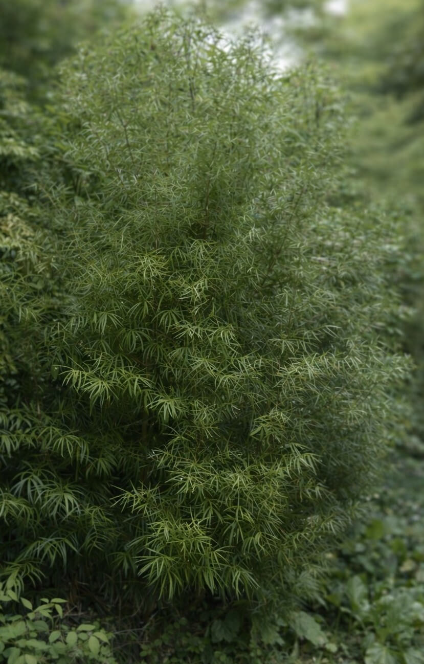 A dense green shrub with long, narrow leaves grows outdoors among other plants in a large GardenLite Torino Congo Planter Granite.