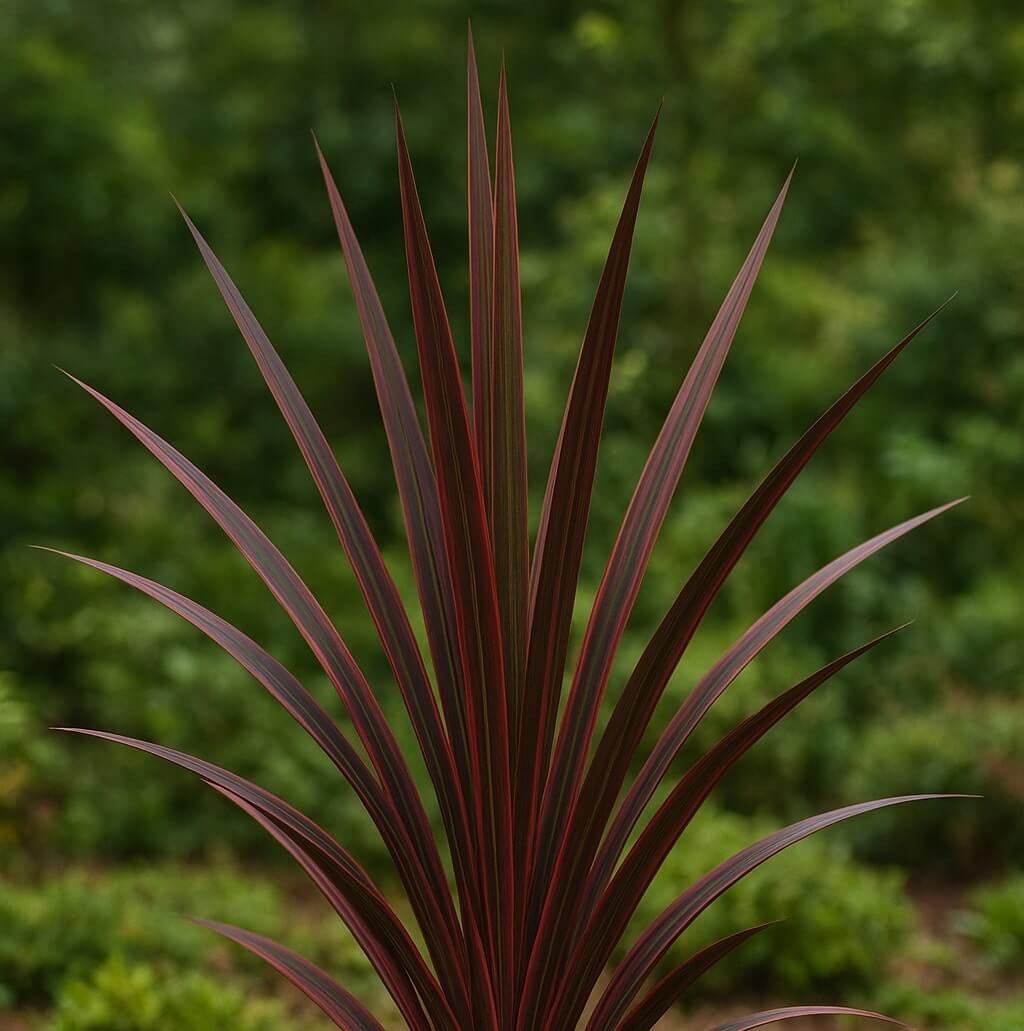 A striking Phormium 'Candy Apple' Flax in a 15cm pot displays long, narrow, reddish-brown leaves that stand out against a soft-focus green outdoor backdrop.