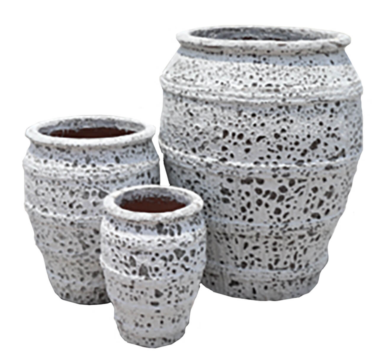 Three textured, white ceramic pots of varying sizes are grouped together against a plain background.