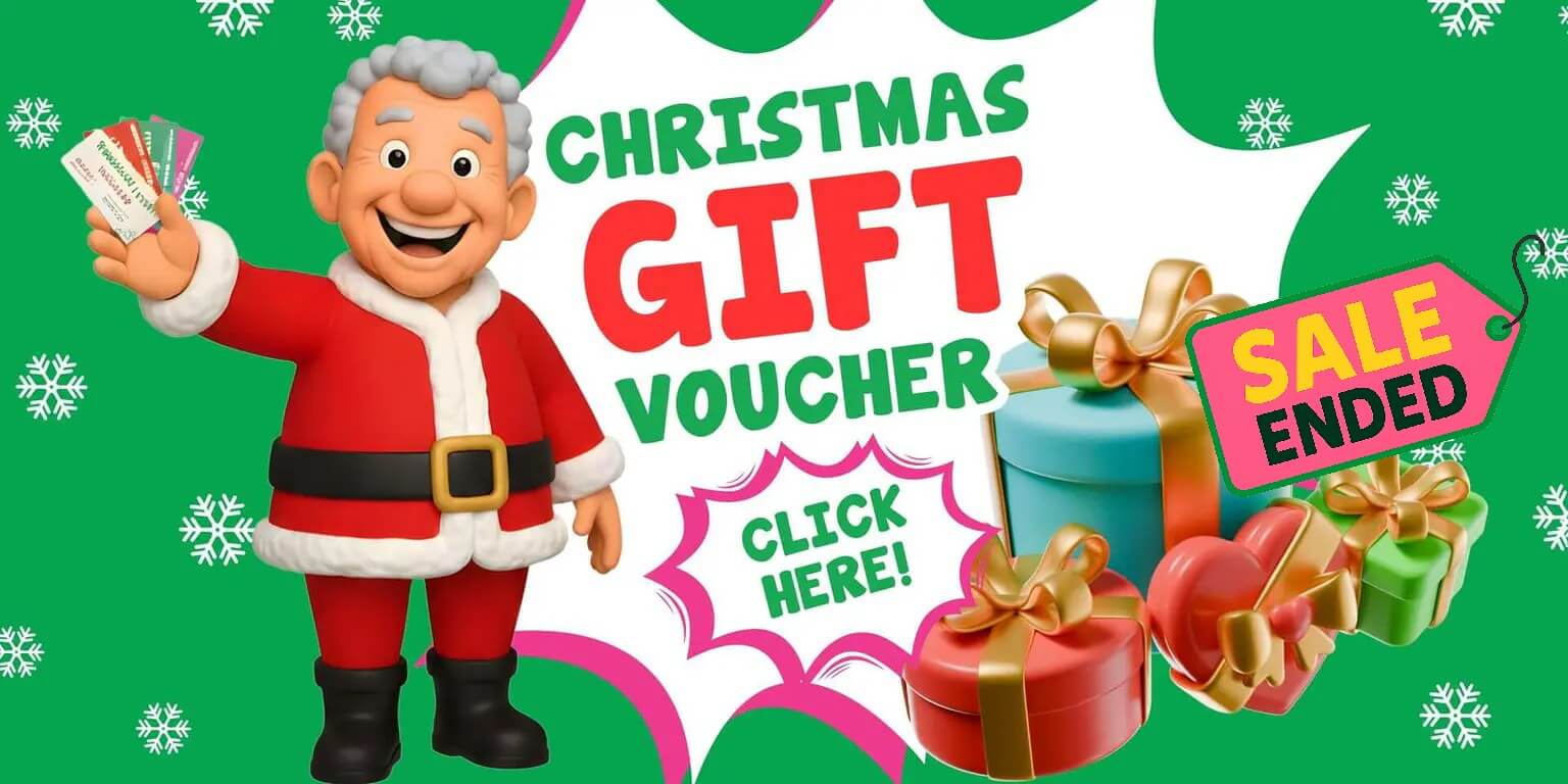 Cartoon Santa holds vouchers near text reading "Christmas Gift Voucher," with a Free Weeping Cherry Tree offer among wrapped gifts and a "Sale Ended" tag on a green snowflake background.