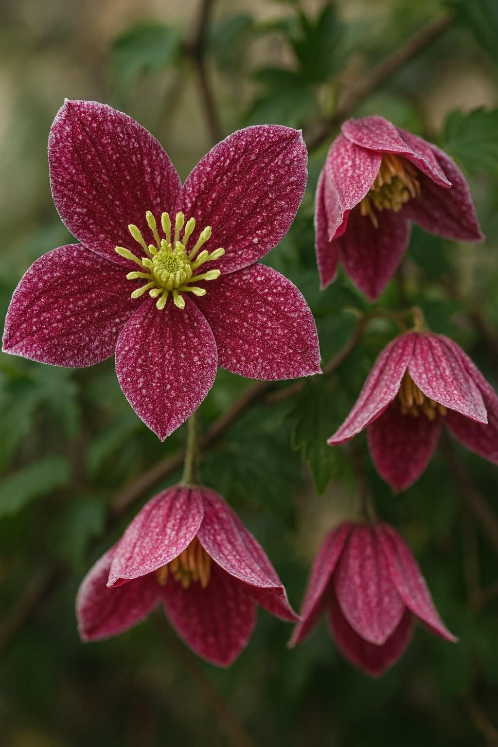Clematis 'Lansdowne Gem' in a 15cm pot features clusters of reddish-pink, star-shaped flowers with yellow centres and textured petals, set against lush green foliage—perfect for adding vibrant colour anywhere.
