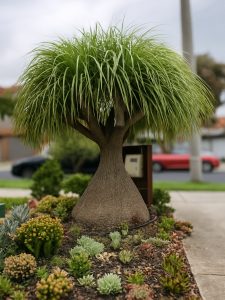 A ponytail palm tree with long, green, grass-like leaves stands in a landscaped garden with succulents and a pavement nearby.