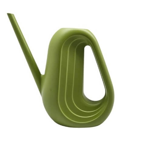 A green watering can with a modern, geometric design and an elongated spout.