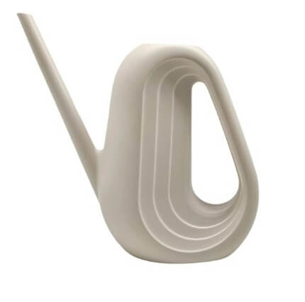 A modern, white watering can with a geometric, looped handle and a long, narrow spout.