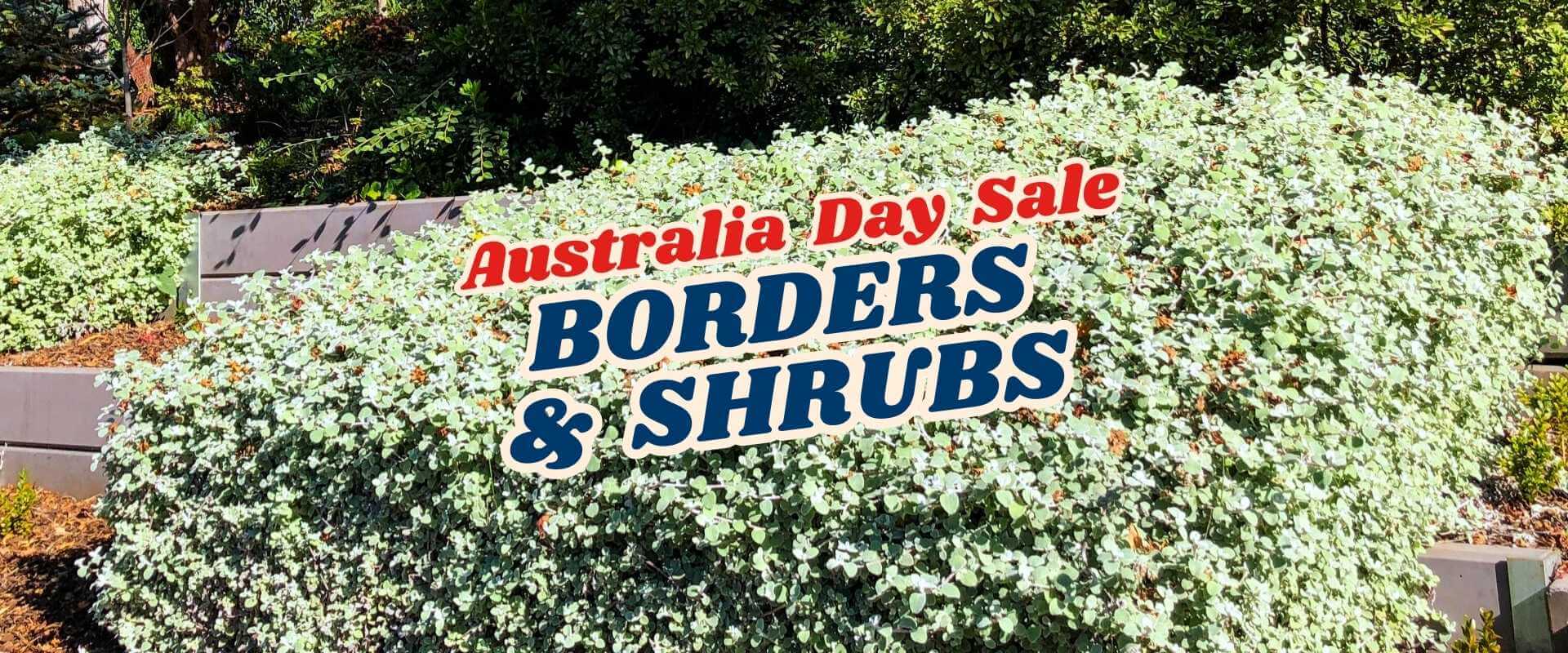 A sign reading "Australia Day Flash Sale - Part 2: BORDERS & SHRUBS" is placed in front of dense green shrubs and hedges.