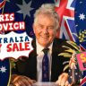 An older man in a suit sits at a desk with Australian flags in the background. Text reads "Chris Kekovich Australia Day Flash Sale" and "Sale Ended." The "Hello Hello Plants" logo is visible.