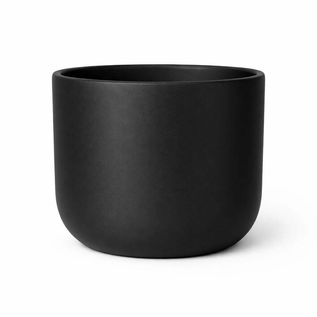 A matt black cylindrical ceramic planter with smooth, rounded edges, set against a white background.