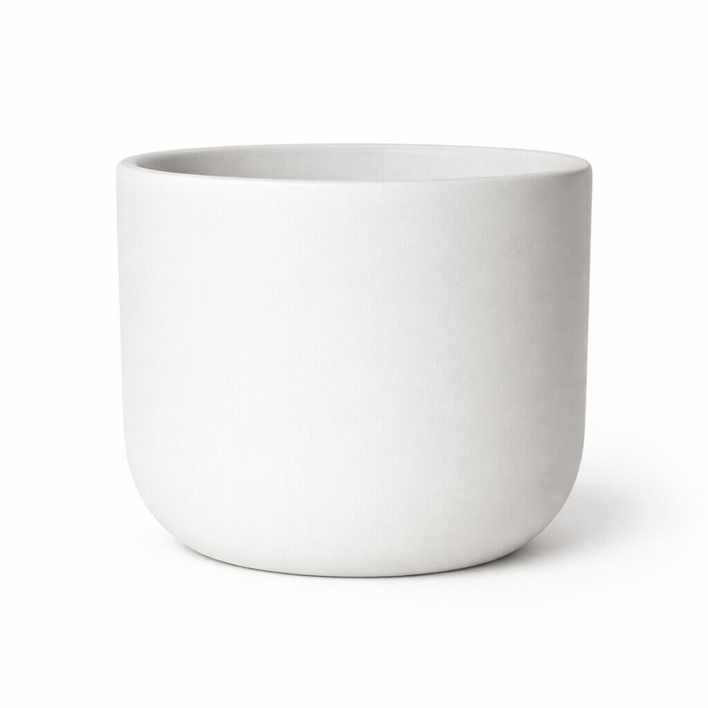 A plain, round, white ceramic plant pot with a smooth matt finish on a white background.
