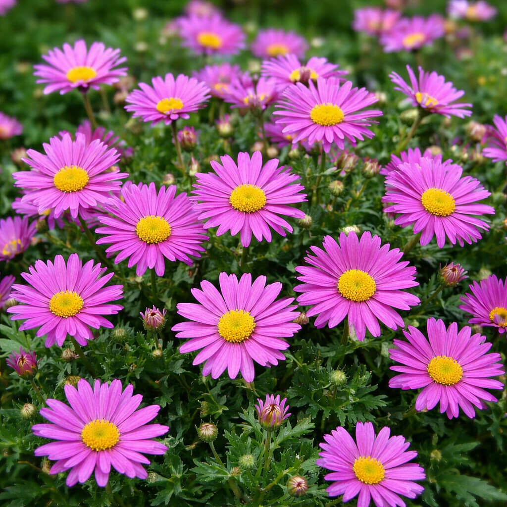 Bright pink, daisy-like Brachyscome 'Pacific Reef' flowers with yellow centres bloom amid lush green foliage in a 15cm pot.