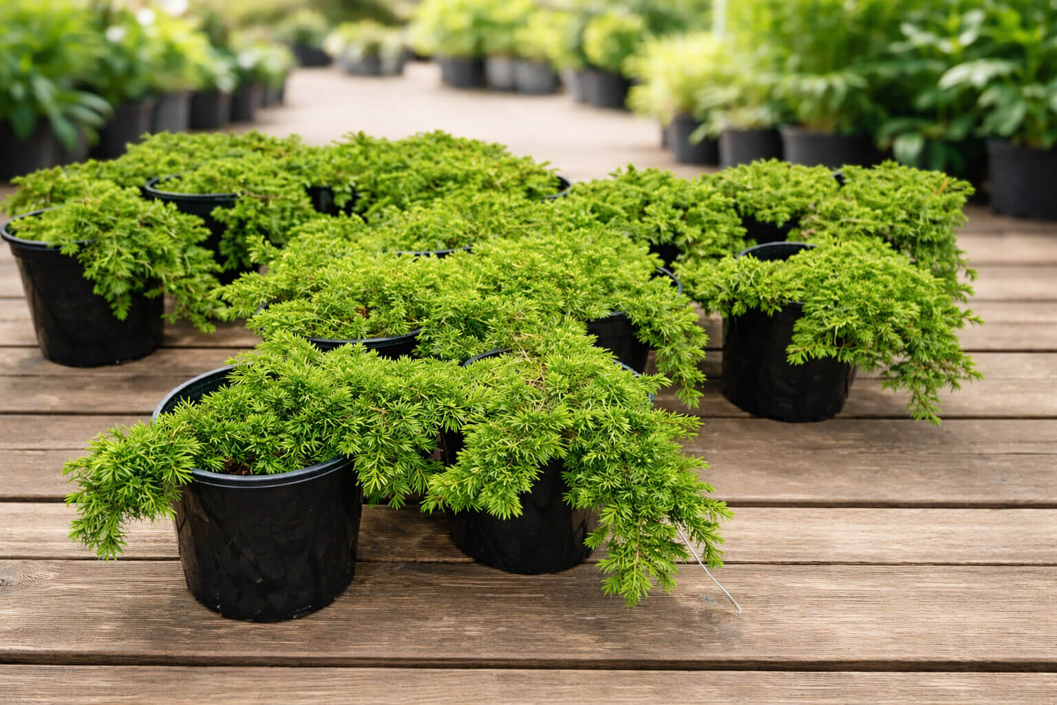 Several Juniperus 'Creeping Juniper' plants in 8" pots with dense green foliage are displayed on a wooden surface outdoors.