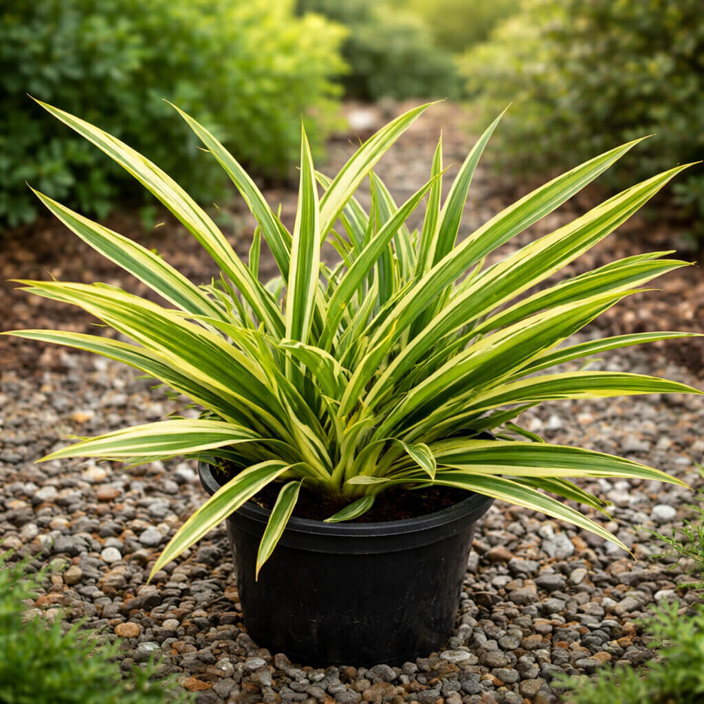 A variegated plant with long green and yellow striped leaves in a black plastic pot, placed on a gravel surface outdoors.