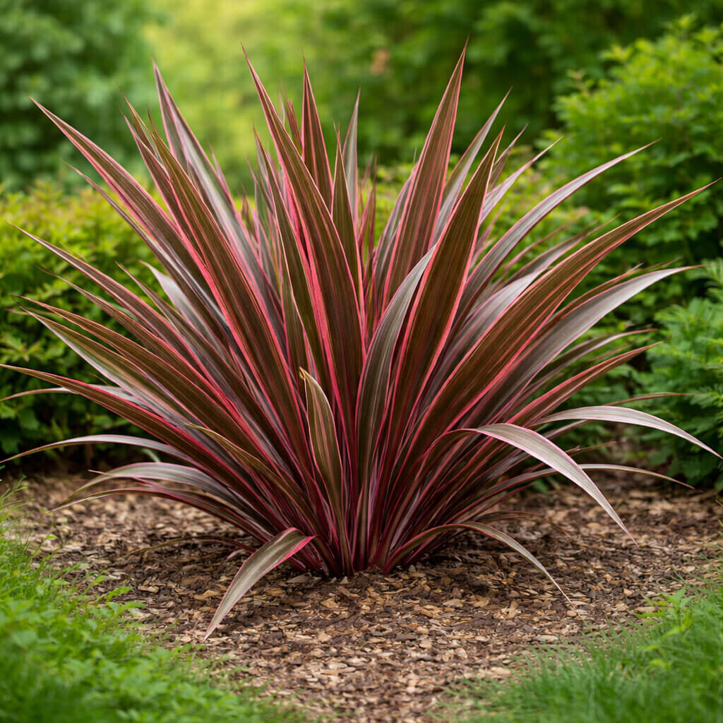 A Phormium 'Pink Stripe' Flax in an 8" pot, with vibrant pink-striped leaves, grows in a mulched garden bed surrounded by lush green shrubs.