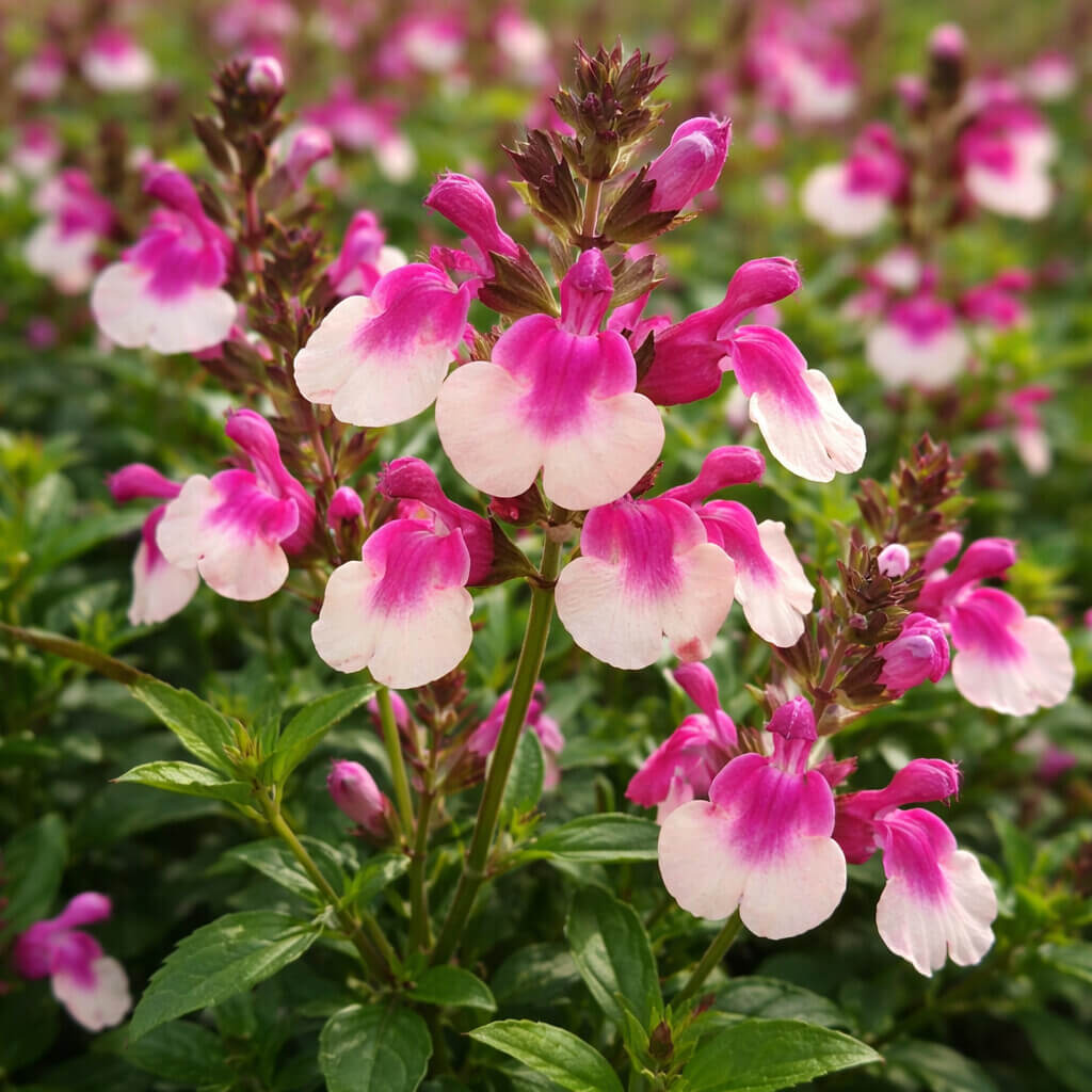 Pink and white flowers with green leaves grow in a cluster outdoors, with more similar flowers visible in the background.