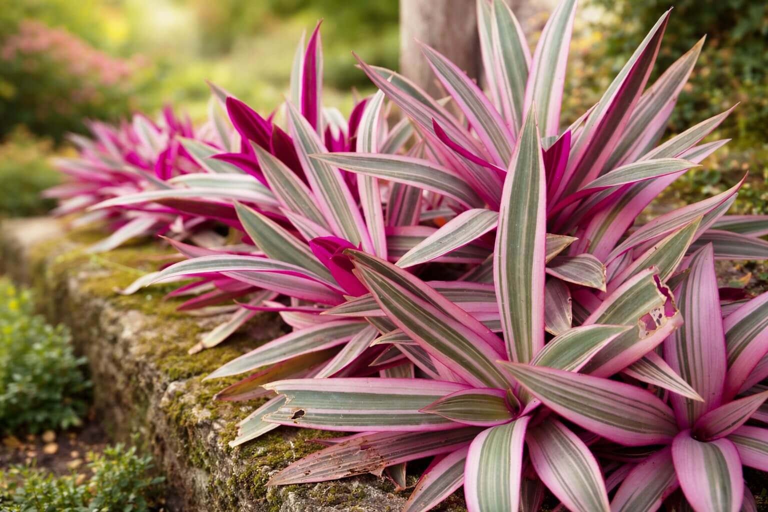 Clusters of variegated pink and green tropical plants grow on a mossy stone ledge in an outdoor garden.