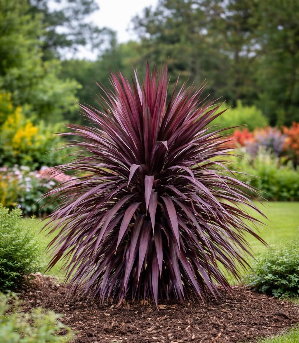 A Cordyline Burgundy Spire 8" Pot with burgundy, spiky foliage is planted in a mulched garden bed among green shrubs and colourful flowers, backed by trees.