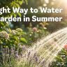A person waters a garden with a hose on a sunny day, surrounded by blooming flowers and plants. Text reads: "The Right Way to Water Your Garden in Summer—perfect for modern garden styles.